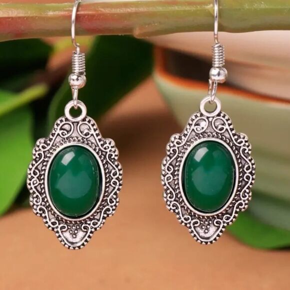 Silvery Bohemian Style Green Stone Earrings - Picture 1 of 5